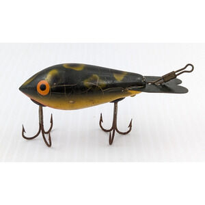 Vintage Wooden Luxon Fishing Lure Frog Pattern Green Yellow w/ Orange Eyes